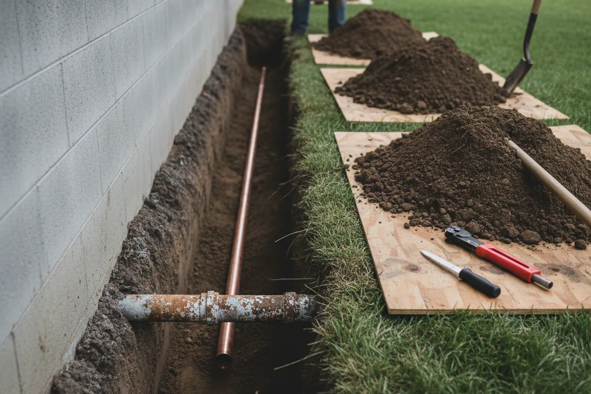 Excavated water line trench during Water Heater Repair in Davilla